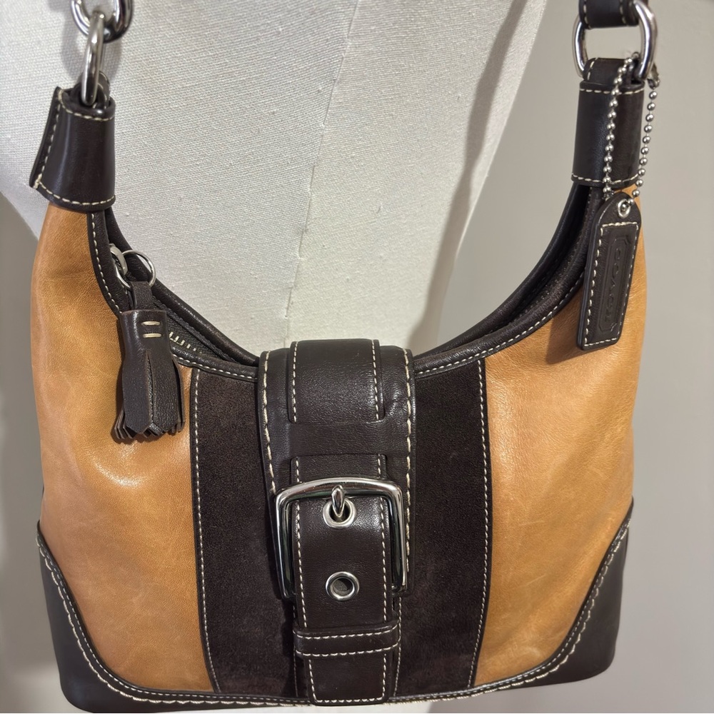 Coach Brown Two Tone Leather Signature Monogram Canvas Hobo Shoulder Purse - Picture 9 of 16
